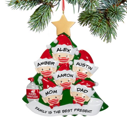 Personalized Elf Family of 6 With Mask Christmas Ornament