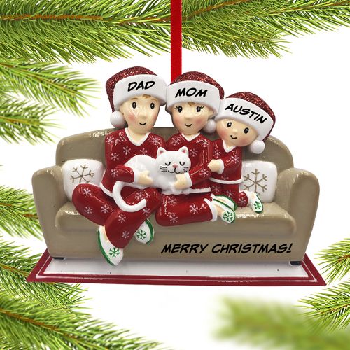 Personalized Couch Family of 3 with Cat Christmas Ornament