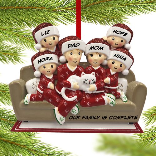 Personalized Couch Family of 6 with Cat Christmas Ornament