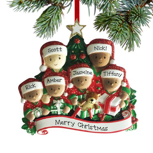 Personalized Opening Presents Biracial Family of 6 Christmas Ornament