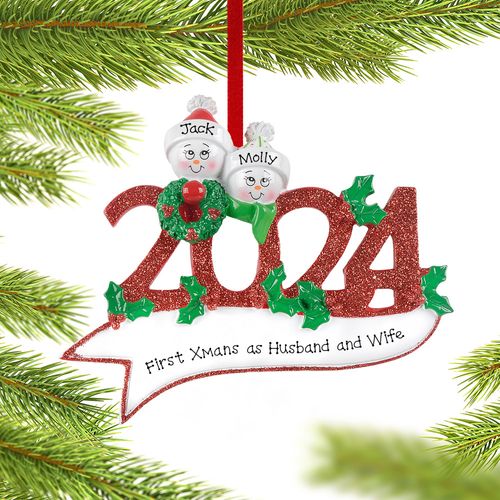 Personalized 2024 Snowman Family of 2 Christmas Ornament