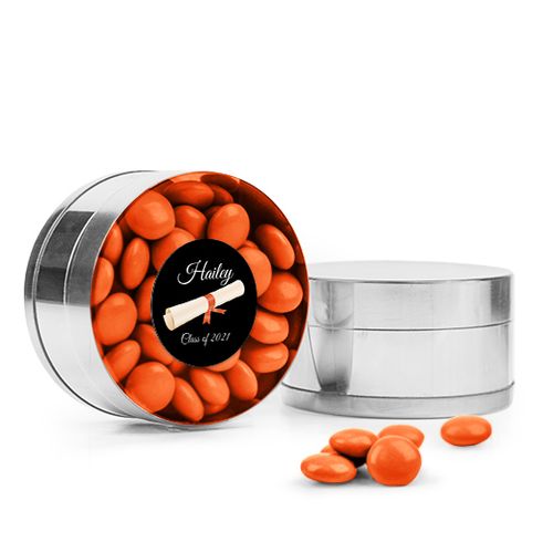 Personalized Orange Graduation Favor Assembled Small Round Plastic Tin with Just Candy Milk Chocolate Minis