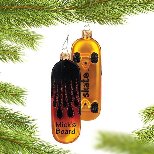 Personalized Sleek Skateboard with Flames Christmas Ornament