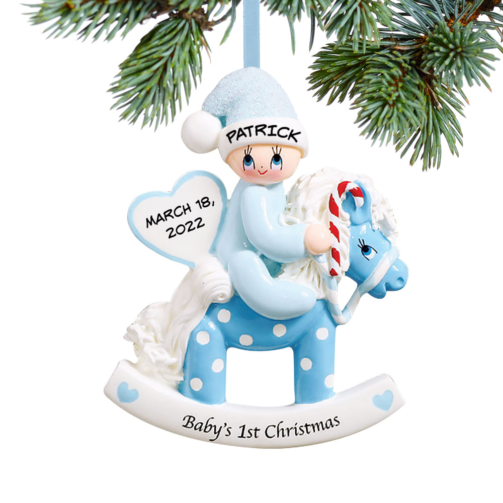 Personalized Baby's First Christmas Rocking Horse Blue Christmas