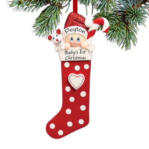 Personalized Baby's First Christmas Stocking Red Christmas Ornament