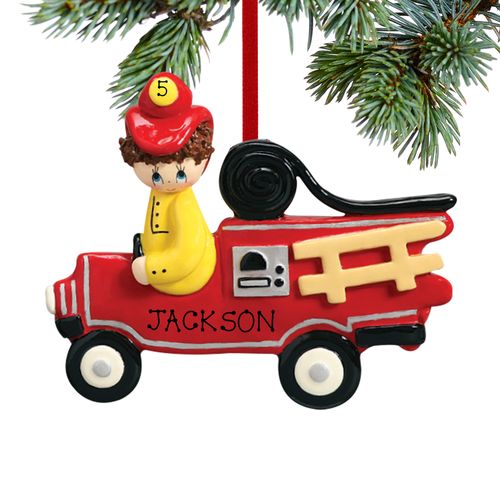 Personalized Fireman in Firetruck Christmas Ornament