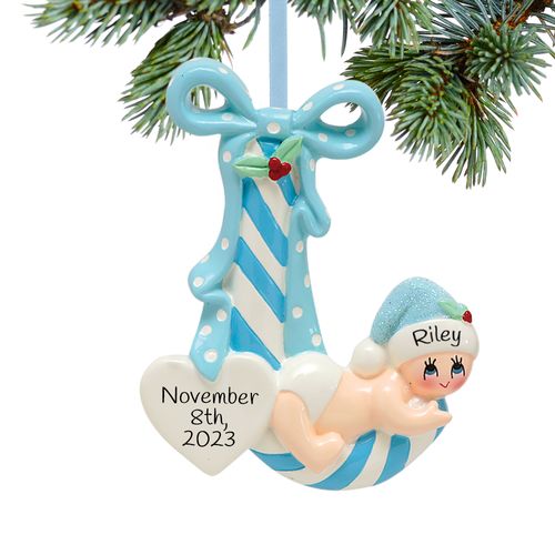 Personalized New Baby Striped Candy Cane (Blue) Christmas Ornament