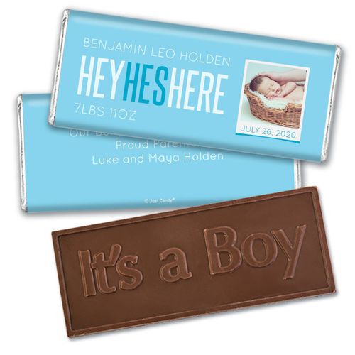 Personalized He's Here! Baby Boy Birth Announcement Party Hershey's Chocolate Bar & Wrapper