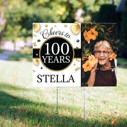 100th Birthday Yard Sign Personalized - Milestone Cheers with Photo
