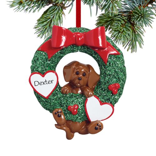 Personalized Dog Wreath (Brown Dog) Christmas Ornament