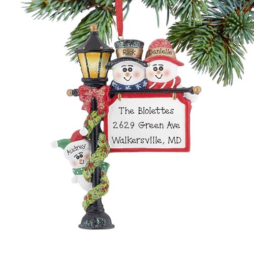 Personalized Lamppost Family of 3 Christmas Ornament