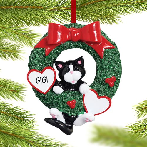 Personalized Cat Wreath (Tuxedo) Christmas Ornament