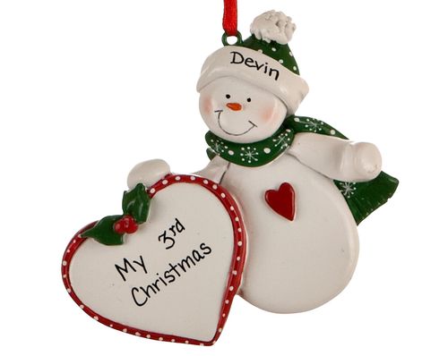 Personalized Snowman with Heart Christmas Ornament