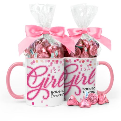 Personalized Baby Girl Announcement It's a Girl Bubbles 11oz Mug with Hershey's Kisses