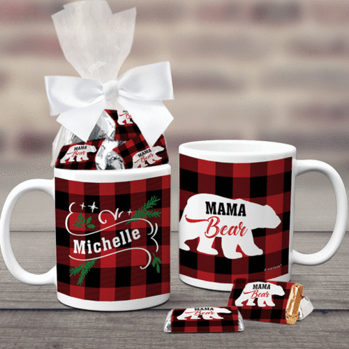 Personalized Plaid Mama Bear 11oz Coffee Mug with approx. 24 Wrapped Hershey's Miniatures