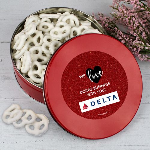 Personalized Valentine's Day Add Your Logo Dazzle Tin with Yogurt Pretzels (1lb approx 80 pcs)