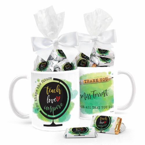 Personalized E-Teacher Appreciation Teach Love Inspire 11oz Mug with approx. 24 Wrapped Hershey's Miniatures