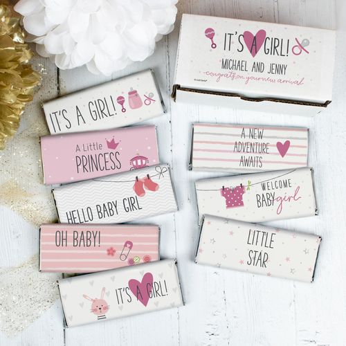 Personalized It's A Girl Birth Announcement Candy Gift Box Belgian Chocolate Bars (8 Pack)