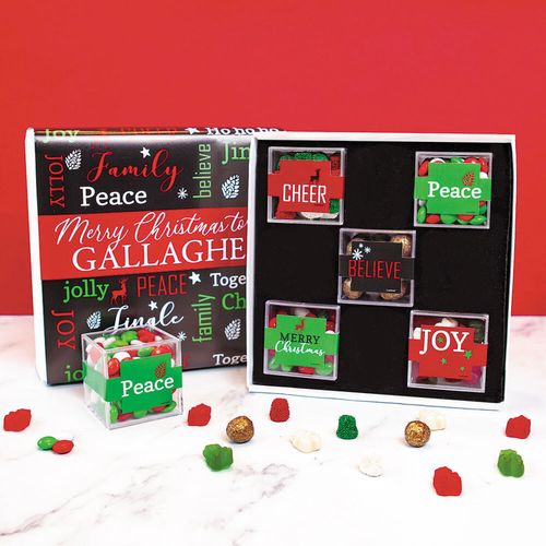 Merry Christmas Greetings Gifts Personalized Premium Gift Box with 5 JUST CANDY® favor cubes