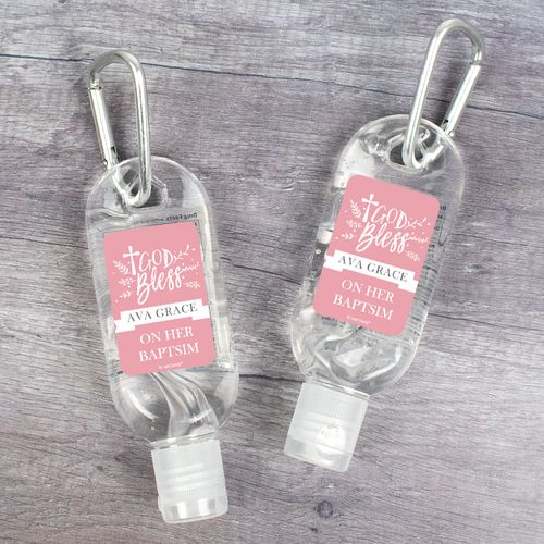 Personalized Baptism 1 fl. oz Hand Sanitizer with Carabiner - Floral God Bless