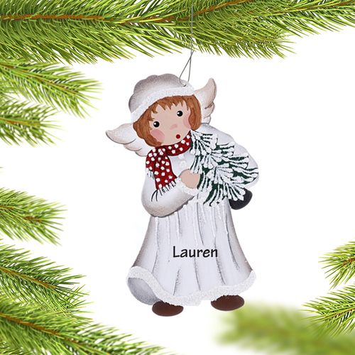 Personalized Angel in White Coat Holding Christmas Tree Christmas Ornament