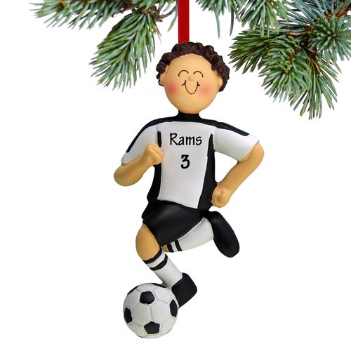 Personalized Soccer Boy Black Uniform Christmas Ornament