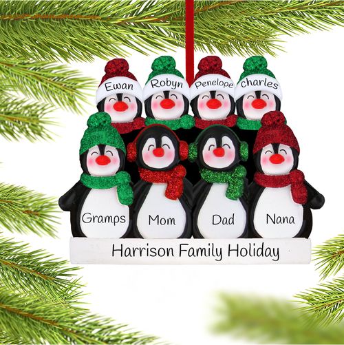 Personalized Glitter Penguin Family of 8 Christmas Ornament