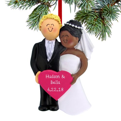 Personalized Bride and Groom Holding A Pink Heart Christmas Ornament