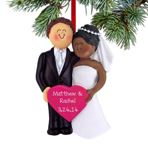 Personalized Bride and Groom Holding A Pink Heart Christmas Ornament