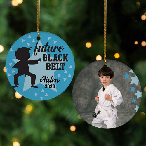 Personalized Future Black Belt Boy Photo Christmas Ornament