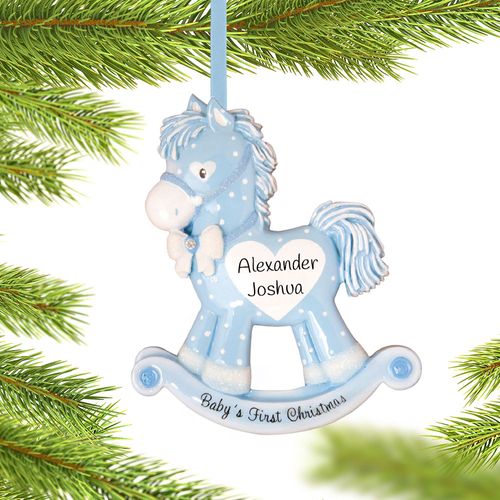 Personalized Blue Rocking Horse Baby's First Christmas Ornament