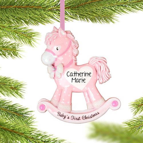 Personalized Pink Rocking Horse Baby's First Christmas Ornament