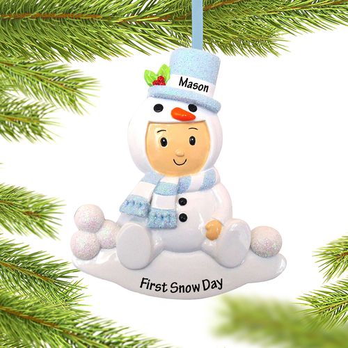 Personalized Baby Boy in Snowman Outfit Christmas Ornament