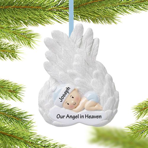 Personalized Baby Boy Memorial on Angel Wings Christmas Ornament