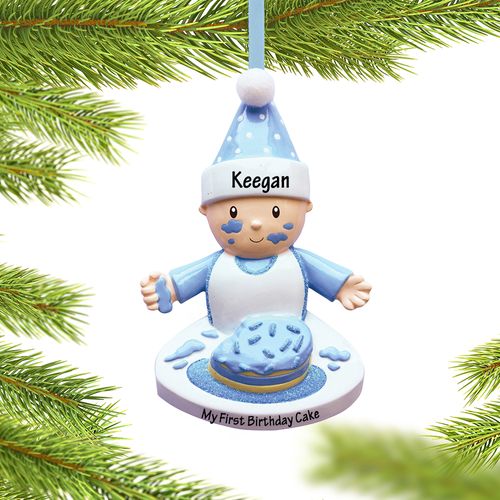 Personalized Baby Boy with Birthday Cake Christmas Ornament