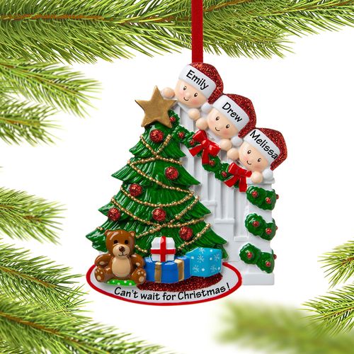 Personalized Present Peeking Family of 3 Christmas Ornament