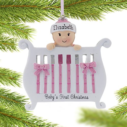 Personalized Baby Girl in Crib First Christmas Ornament