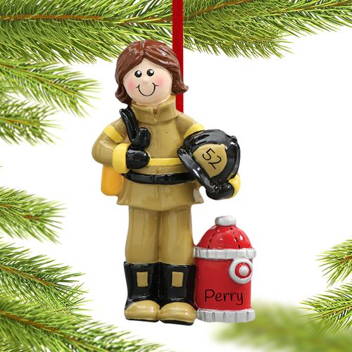 Personalized Firewoman Holding Her Fire Helmet by a Red Fire Hydrant Christmas Ornament