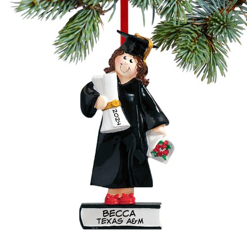 Personalized Graduate Girl on a Stack of Books Holding a Diploma Christmas Ornament