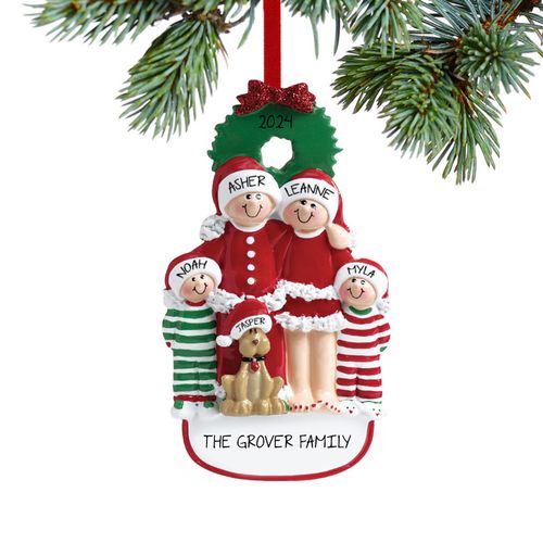 Personalized Christmas Eve Family of 4 with Dog Christmas Ornament