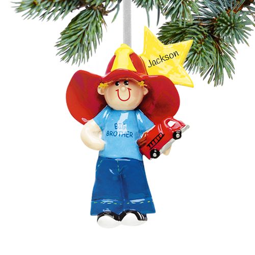 Personalized Big Brother with Firetruck and Yellow Star Christmas Ornament