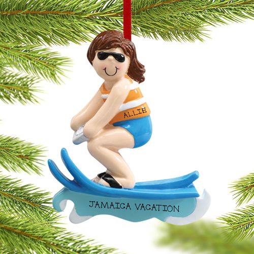 Personalized Waterskier Girl Being Pulled Behind A Boat Christmas Ornament