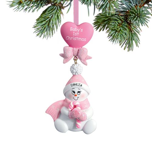 Personalized Baby's First Christmas Pink Snowbaby with Candy Cane Christmas Ornament