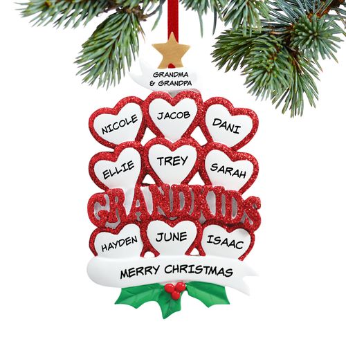 Personalized Grandkids Hearts 9 Christmas Ornament