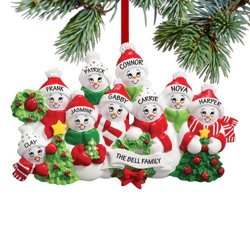 Personalized Snowmen with Banner Family of 9 Christmas Ornament