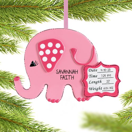 Personalized Baby Girl Pink Elephant Christmas Ornament
