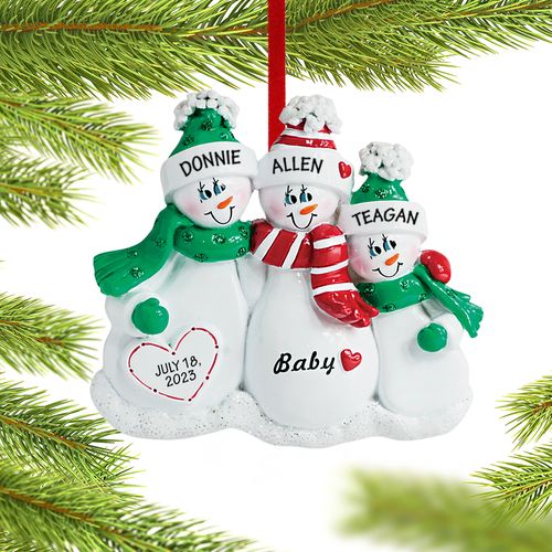 Personalized Pregnant Snowman Family of 3 Christmas Ornament