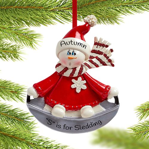 Personalized Sledding on a Snow Saucer Christmas Ornament