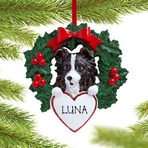 Personalized Australian Shepherd Dog with Wreath Christmas Ornament