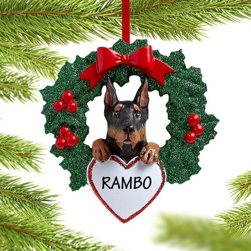 Personalized Doberman Pinscher Dog with Wreath Christmas Ornament